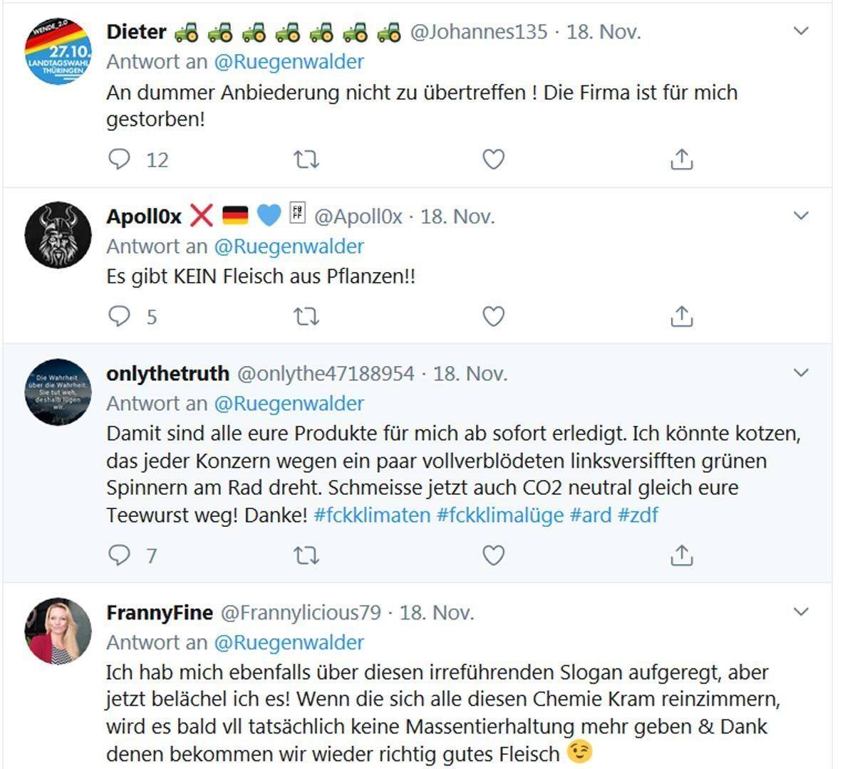 Reaktionen auf den Rügenwalder-Tweet.