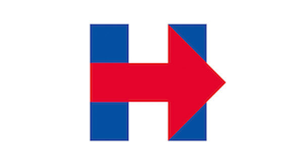 Schlichtes Logo: Ein blaues H mit roten Pfeil steht für Hillary Clintons Präsidentschaftskandidatur und den Aufbruch. Schlichtes Logo: Ein blaues H mit roten Pfeil steht für Hillary Clintons Präsidentschaftskandidatur und den Aufbruch.