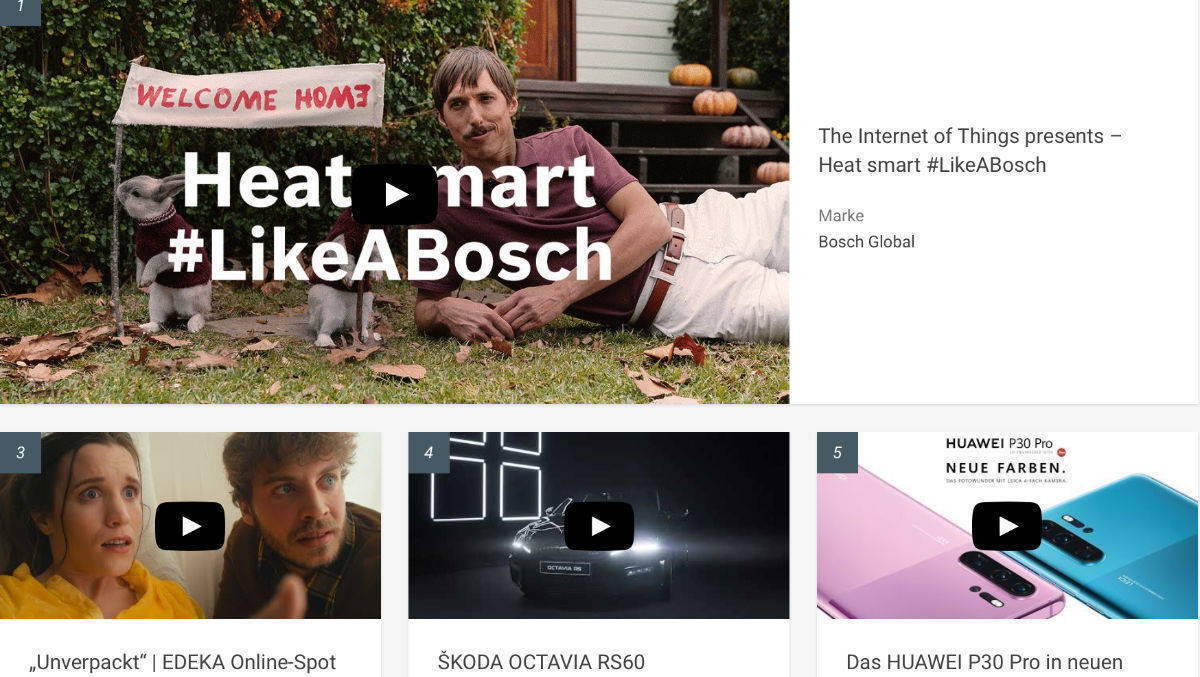 Bosch führt YouTube-Werbecharts im September an.