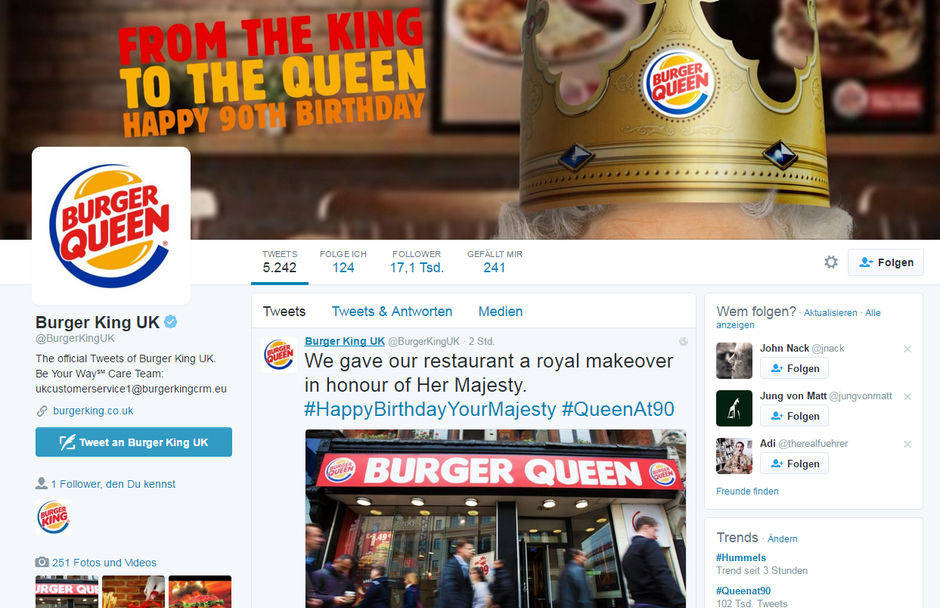 Zur Feier des Tages hat sich Burger King UK kurzerhand in Burger Queen umbenannt. 