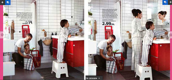 Im Bad mal mit, mal ohne Mutti: Ausschnitte aus dem Ikea-Katalog in Saudi-Arabien (links) und Deutschland (rechts). Im Bad mal mit, mal ohne Mutti: Ausschnitte aus dem Ikea-Katalog in Saudi-Arabien (links) und Deutschland (rechts).