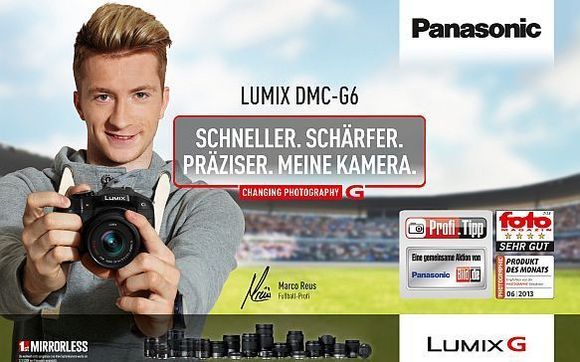 Mittelfeld-Mann Marco Reus preist jetzt Panasonic-Kameras an. Mittelfeld-Mann Marco Reus preist jetzt Panasonic-Kameras an.