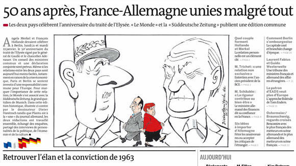 Ganz im Sinne der Völkerverständigung - zum 50. Jubiläum des Élysée-Vertrages berichten "SZ" und "Le Monde" gemeinschaftlich. Ganz im Sinne der Völkerverständigung - zum 50. Jubiläum des Élysée-Vertrages berichten "SZ" und "Le Monde" gemeinschaftlich.