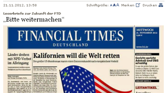 Die Solidarität für die "FTD" ist auch unter Lesern groß. Das zeigen die bewegenden Leserbriefe der vergangenen Tage, die nun online zu finden sind. Die Solidarität für die "FTD" ist auch unter Lesern groß. Das zeigen die bewegenden Leserbriefe der vergangenen Tage, die nun online zu finden sind.
