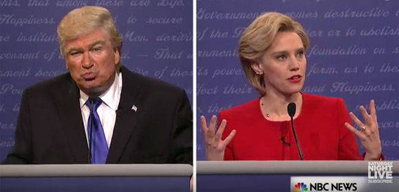 Die Trump-Clinton-Parodie bei "Saturday Night Live". Kate McKinnon spielt Hillary, Alec Baldwin als Donald.
