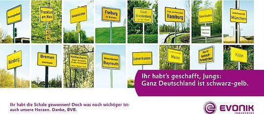 Hauptsponsor Evonik macht immer wieder mit kreativen Anzeigen für den BVB auf sich aufmerksam.