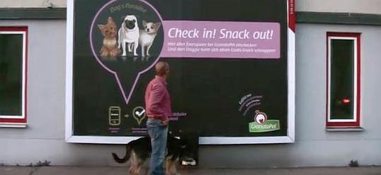 Ein Leckerlie für den Hund aus dem Plakat. Möglich macht dies Foursquare.