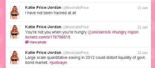 Katie Price spricht über Welt-Politik - da müssen Hacker am Werk sein, glaubten die Nutzer.