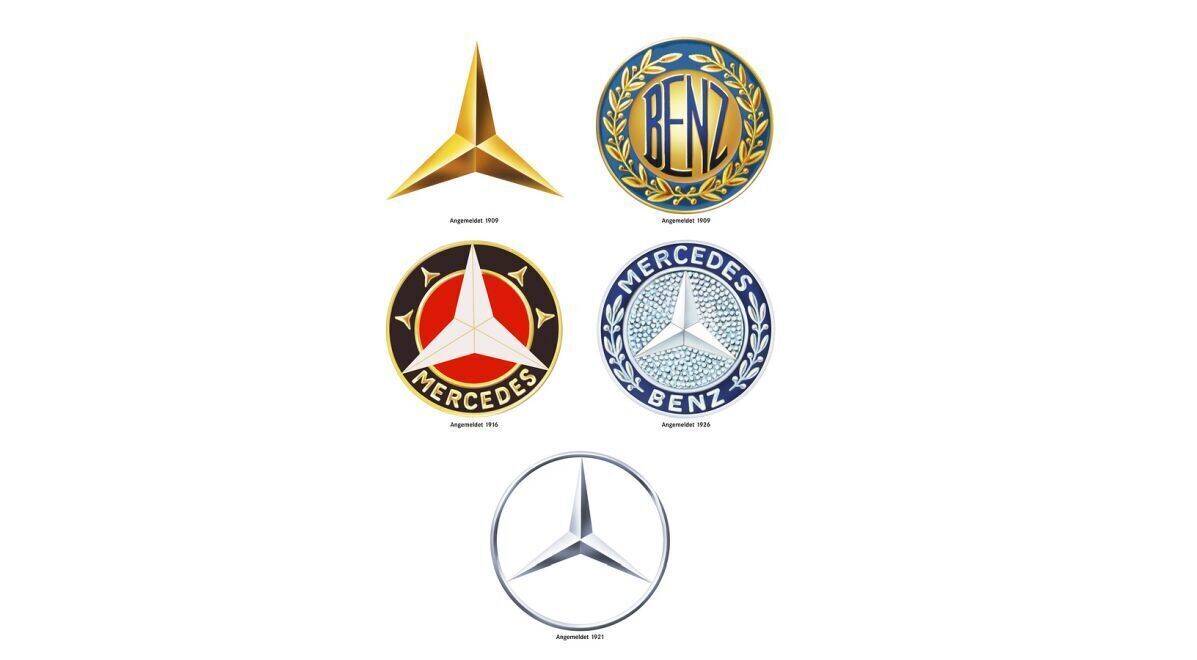 Von Gold zu Silber: die eingetragenen Warenzeichen der Daimler-Motoren-Gesellschaft und der Firma Benz & Cie. von 1909 (obere Reihe), der veränderte Mercedes Stern von 1916 und das neue Markenzeichen von Mercedes-Benz aus dem Jahr 1926. Die 1921 angemeldete Version des Sterns im Kreis entspricht der späteren Form des stilisierten Mercedes-Benz Warenzeichens.