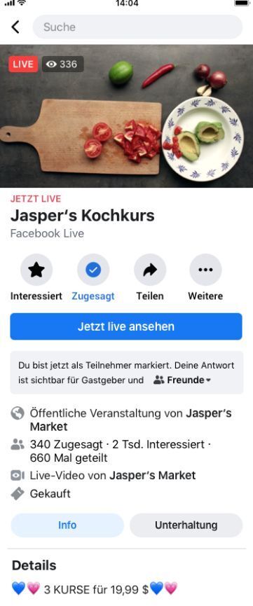 So könnte ein Kochkurs bei Facebook aussehen