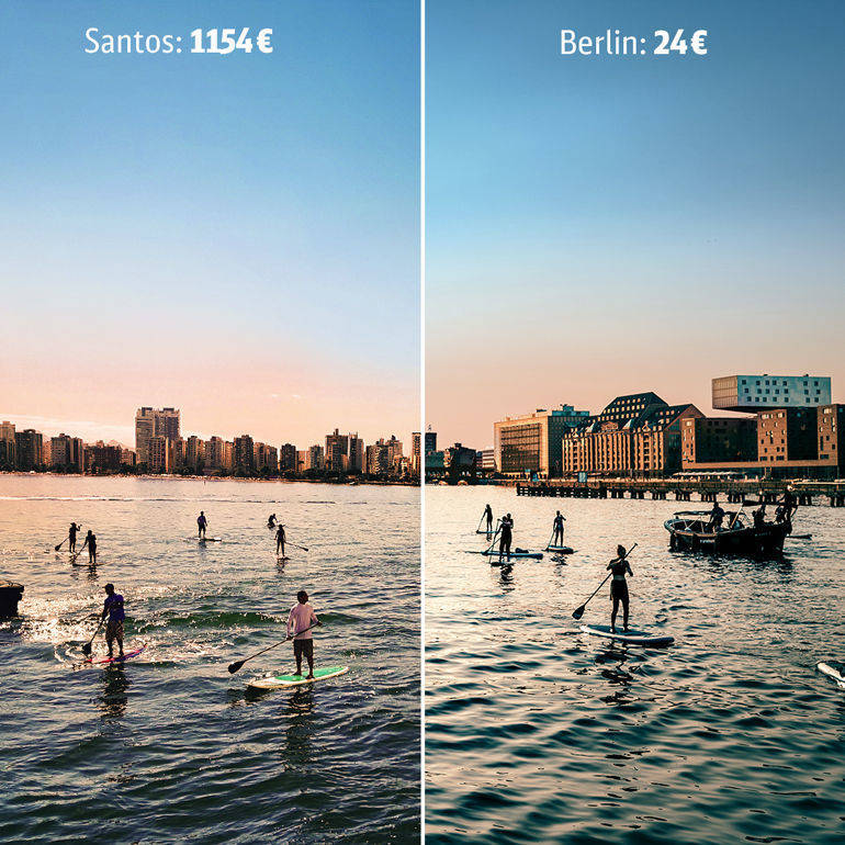 Bahn-Kampagne für das Sommer-Ticket: Santos und Berlin im direkten Vergleich.