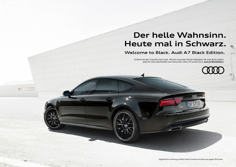 "Heller Wahnsinn. In Schwarz": Audi-Motiv von Kolle Rebbe.