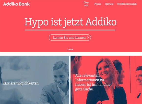 Die Website der neuen Addiko Bank (www.addiko.com).