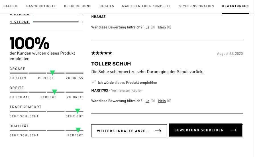 Nett gemacht: Nutzer bewerten das Produkt in verschiedenen Kategorien. Quelle: www.adidas.de