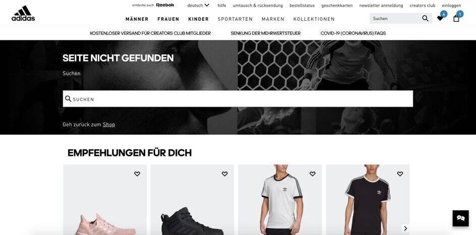 Hilfreich umgesetzt: Eine 404 Error-Seite lässt dem Nutzer viele Möglichkeiten zum weiteren Browsen Quelle: www.adidas.de