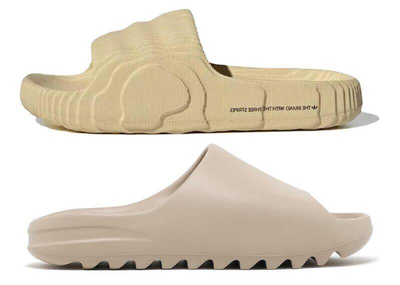 Oben Adilette '22, unten Yeezy Slides.