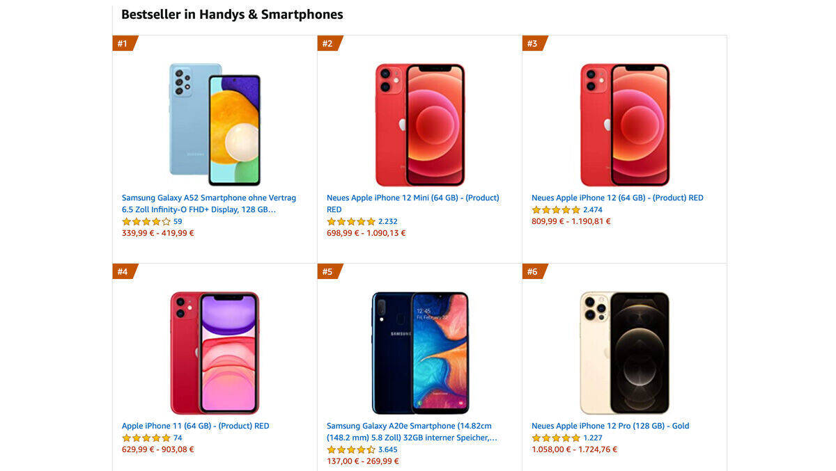 Neu auf Platz eins: Das Samsung Galaxy A52 liegt bei Amazon jetzt vorne.