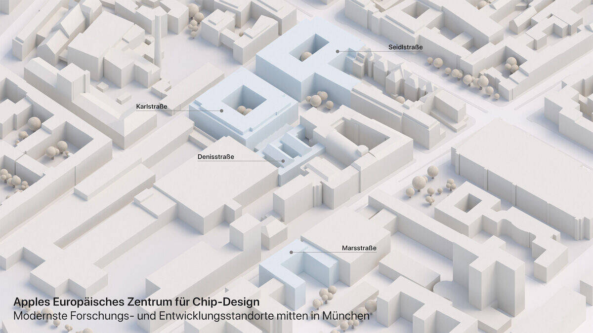 Die neuen Standorte von Apple sind Teil von Apples Europäischem Zentrum für Chip-Design, das in zentraler Lage von München einen Hub für Innovation bildet.