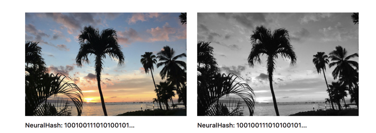 Abgleich: Das Bild auf der rechten Seite ist eine Schwarz-Weiß-Transformation des Bildes auf der linken Seite. Da es sich um verschiedene Versionen desselben Fotos sind, haben sie denselben Hash.