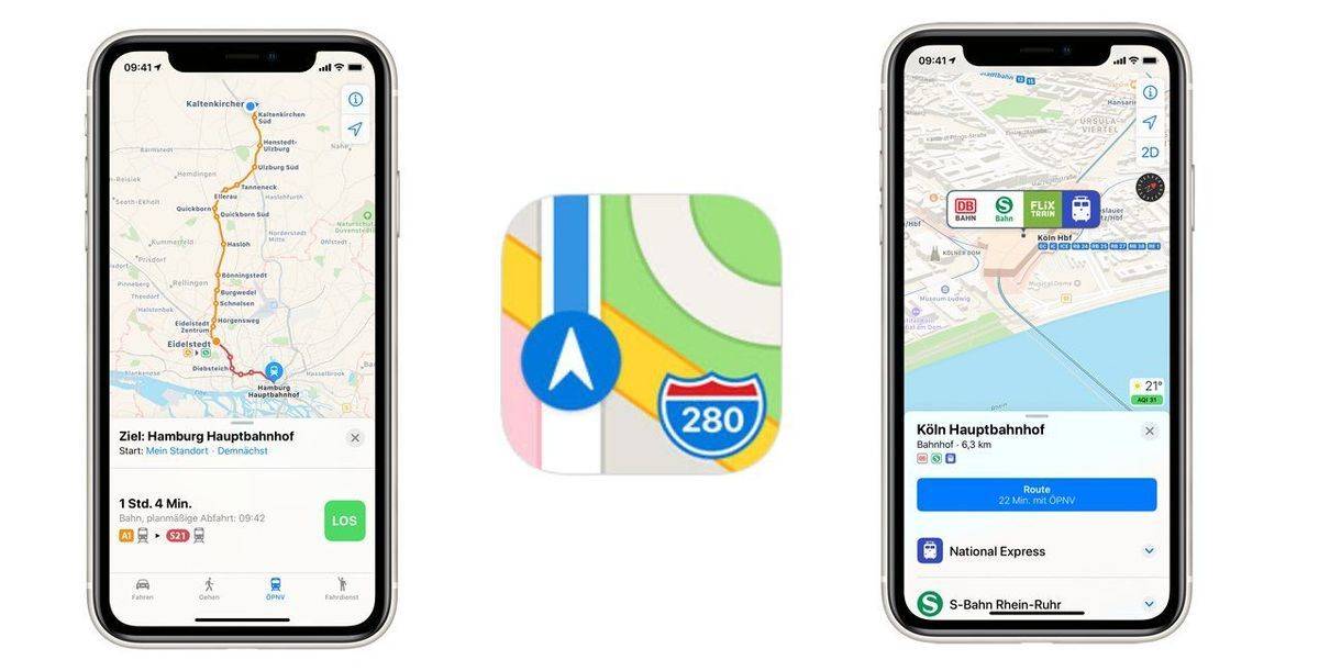 Auch in Hamburg (l.) und Köln (r.) wurde ÖPNV in Apple Maps aufgerüstet.