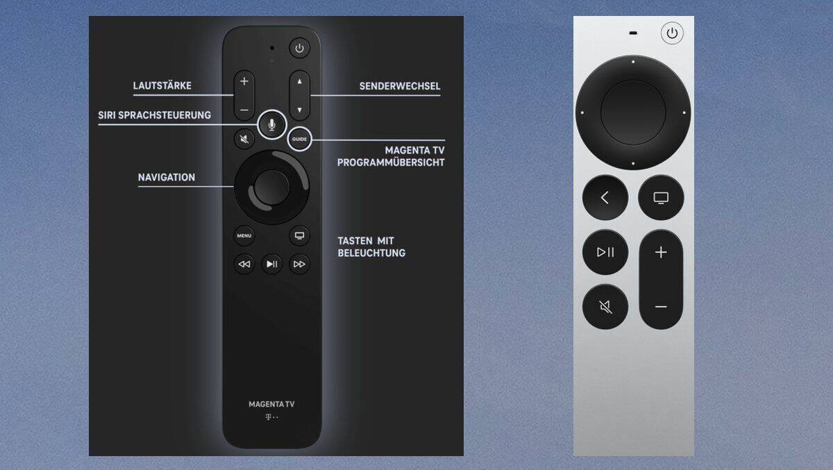 Links die großzügigere Remote der Telekom, rechts die Original-Apple-Fernbedienung im Vergleich.