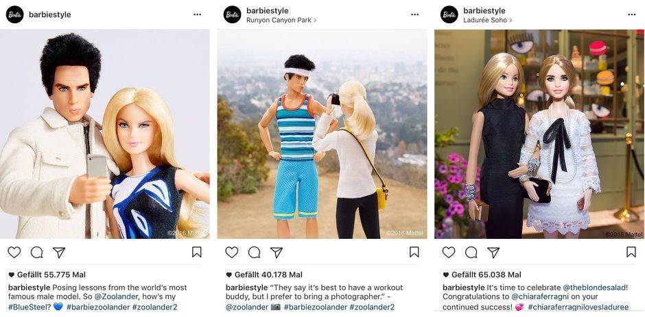 Barbie mit Derek Zoolander und Chiara Ferragni.