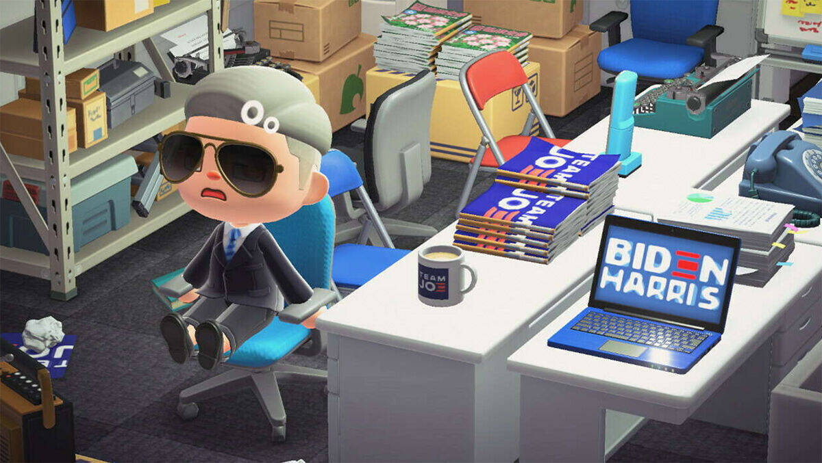 Joe Bidens Büro in „Animal Crossing“: Retro-Charme mit Schreibmaschine und Wählscheiben-Telefon.