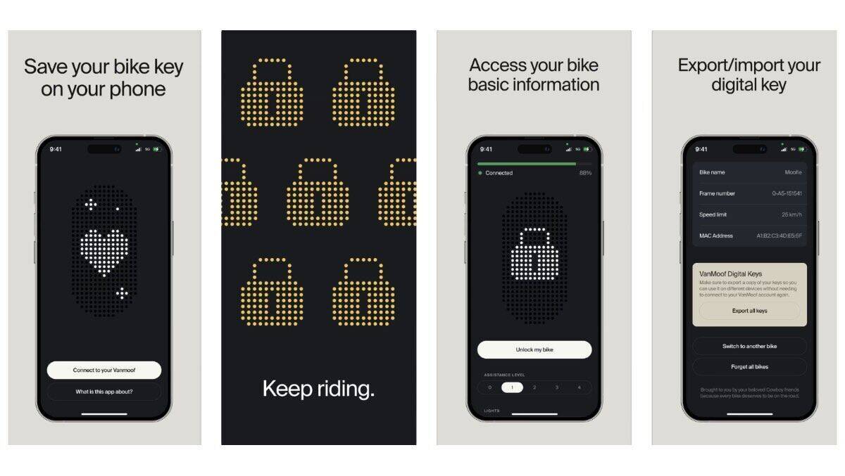 Screenshots der neuen "Bikey-App" von Cowboy.