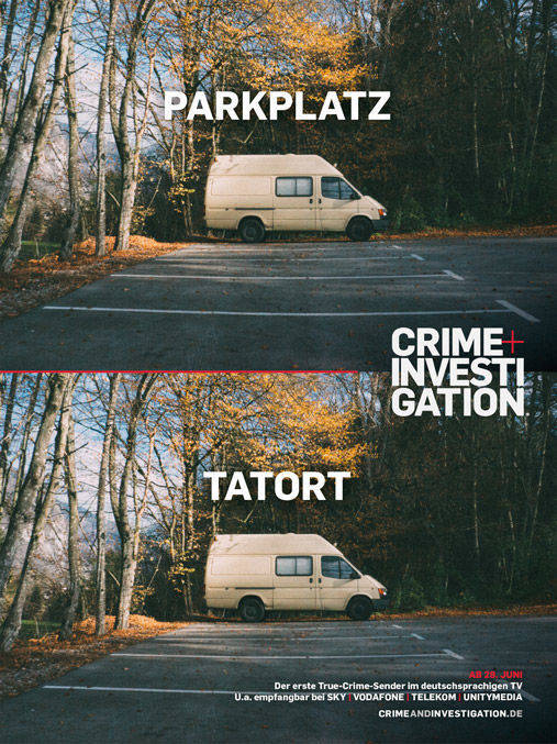 Bild-Wort-Paar für Crime + Investigation: Parkplatz und Tatort.