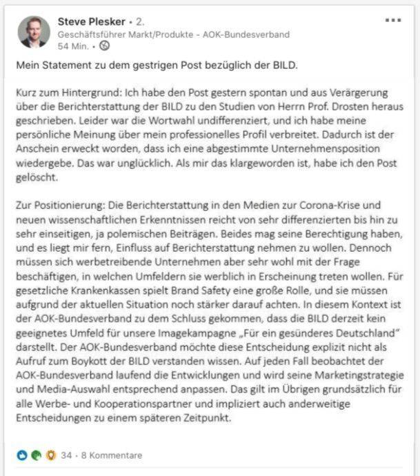 Die Stellungnahme zu Pleskers LinkedIn-Post, der für viel Furore sorgte.