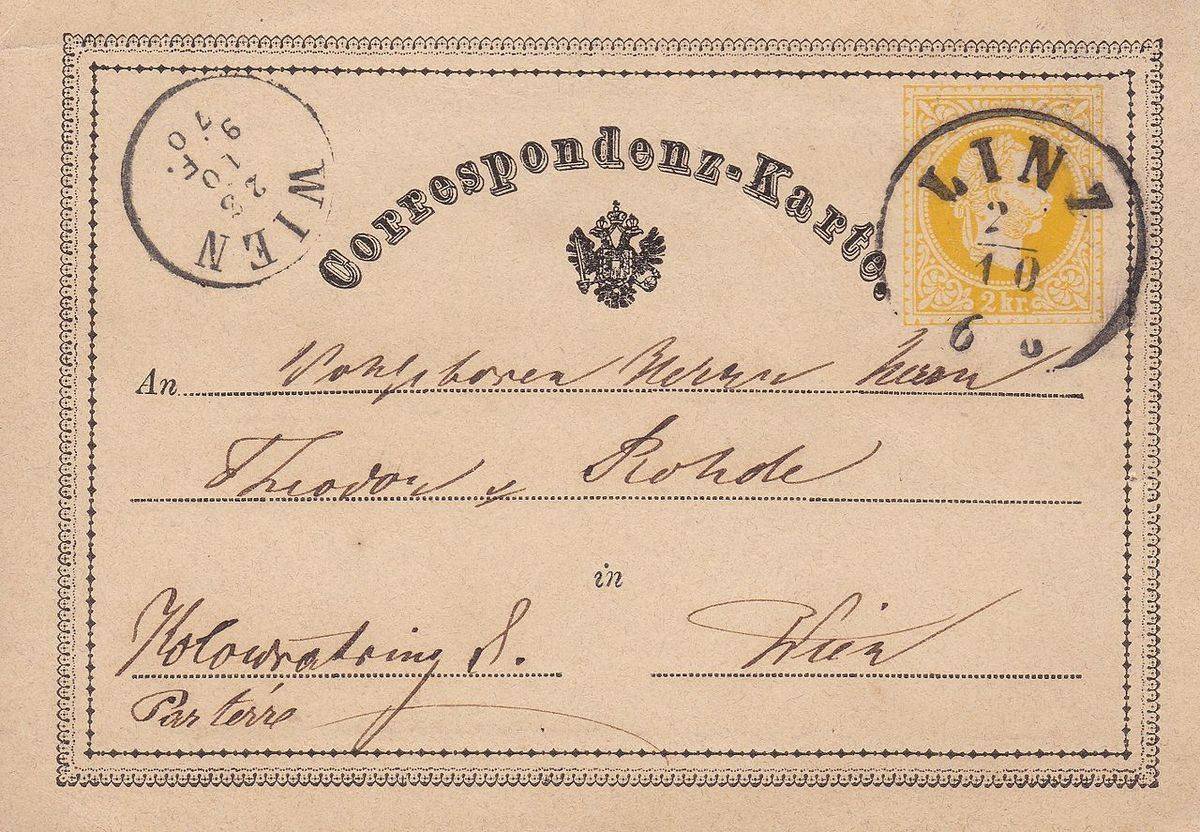 Correspondenzkarte: Am 1. Oktober 1869 in Österreich-Ungarn eingeführt.
