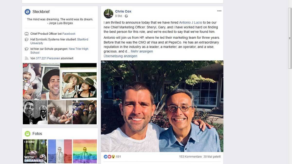 Produktchef Chris Cox stellt den neuen Facebook-CMO (links) auf seiner Facebook-Seite vor.