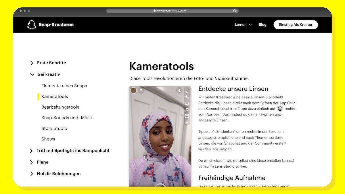 Im Creator Hub werden Snapchatter:innen und solchen, die es werden wollen, die Funktionen des Netzwerkes vorgestellt.