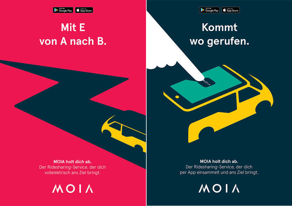 Die Moia-Motive für Out-of-Home gibt es im Hoch- und Querformat; für CLPs sind sie animiert.