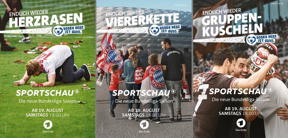 Drei Motive der "Unser Herz ist rund"-Kampagne von FDHrsm für die "Sportschau" im Ersten.