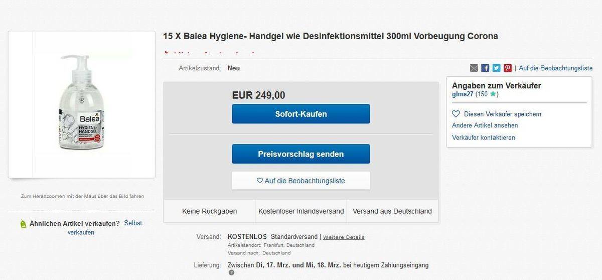 Umgerechnet 16,60 Euro kostet eine Flasche Handdesinfektionsmittel auf Eby, bei dm gibts dasselbe für rund 2 Euro.