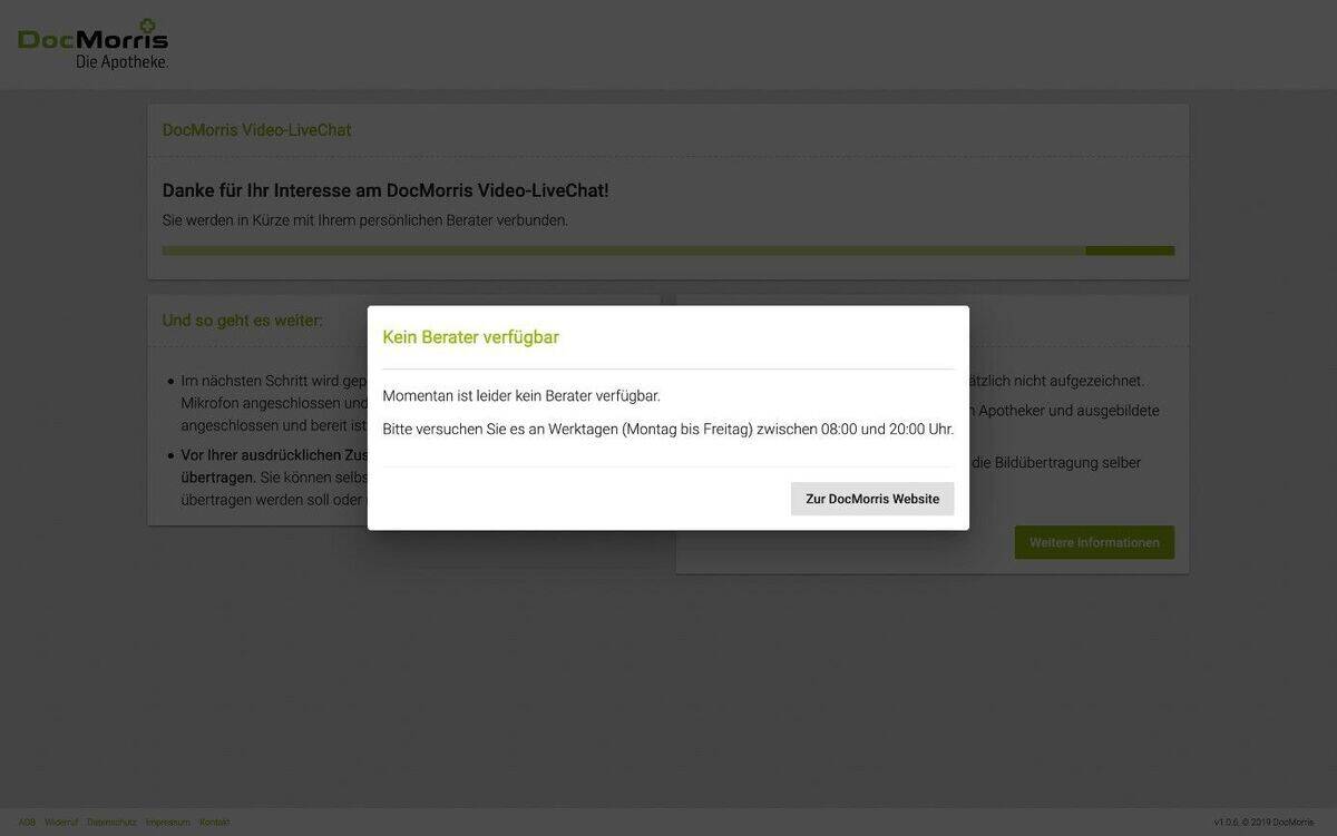 Trotz vielfacher Versuche und innerhalb der Servicezeiten war keine Online-Beratung möglich. Quelle: www.docmorris.de