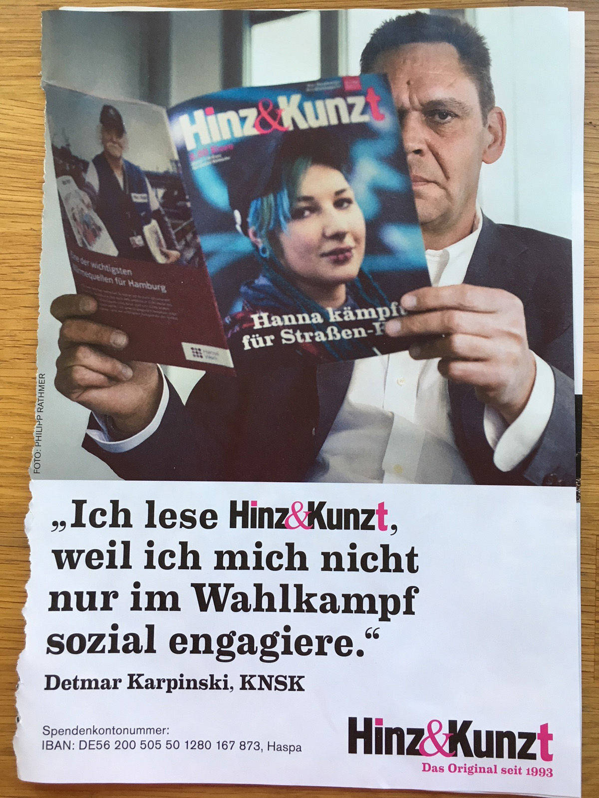 Detmar Karpinski spielt in der Anzeige auf seinen KNSK-Kunden SPD an.