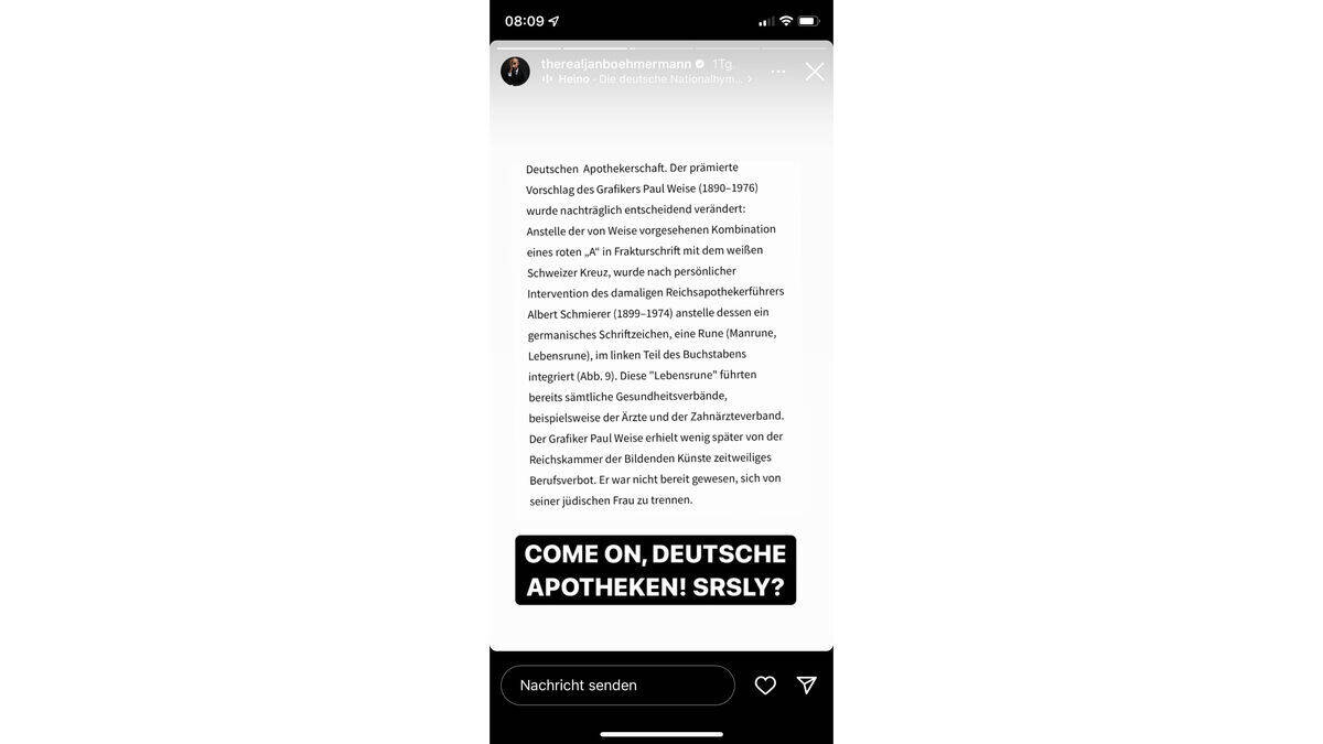 Böhmermann bezeichnet das rote Apotheken-A als "Nazizeichen" – und lieferte auf Instagram Inhalte des Deutschen Apothekenmuseums als Beweis.