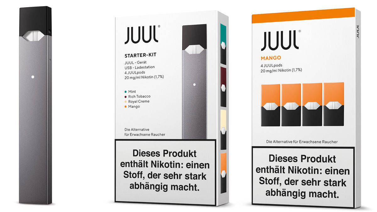 Juul sieht wie ein schlanker USB-Stick aus. Mitte: Starterkit; rechts: Nachfüll-Liquid.