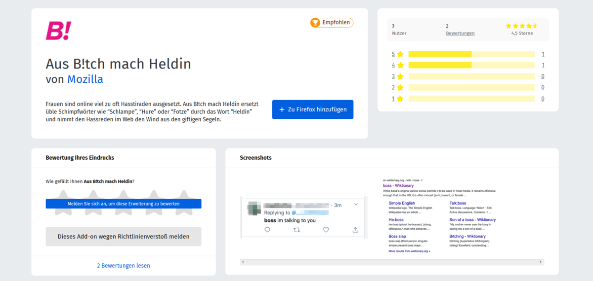 Firefox-Add-on "Aus B!tch mach Heldin"
