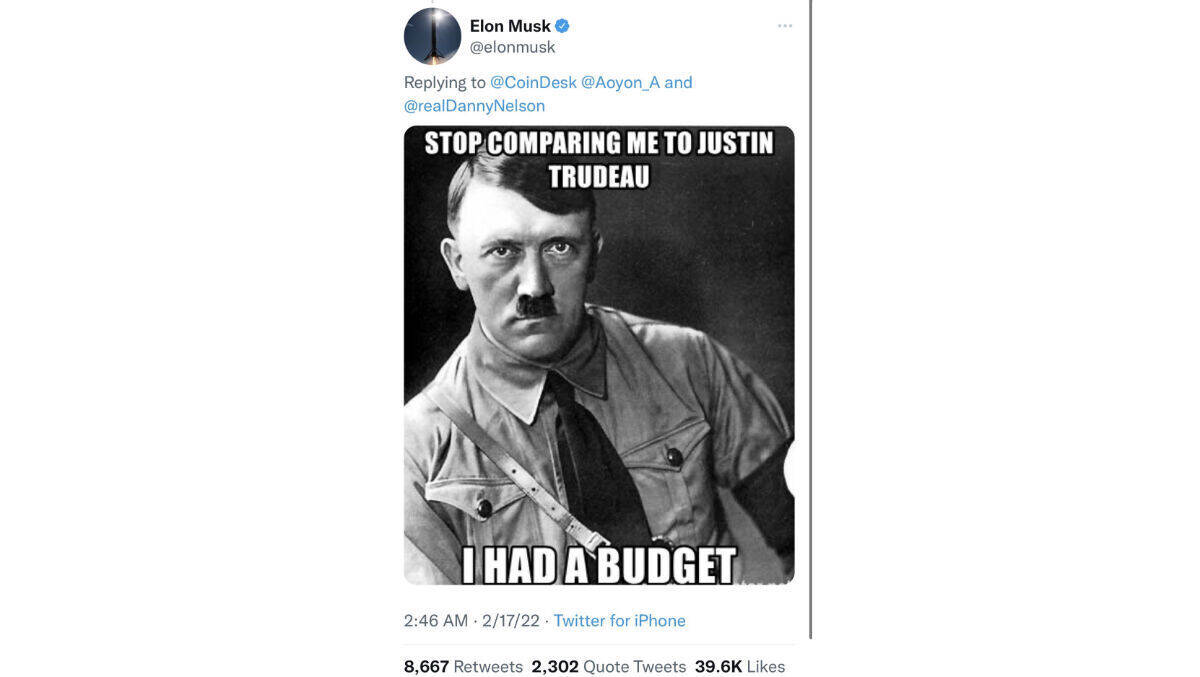 Elon Musk verglich in einem Tweet Hitler mit Justin Trudeau