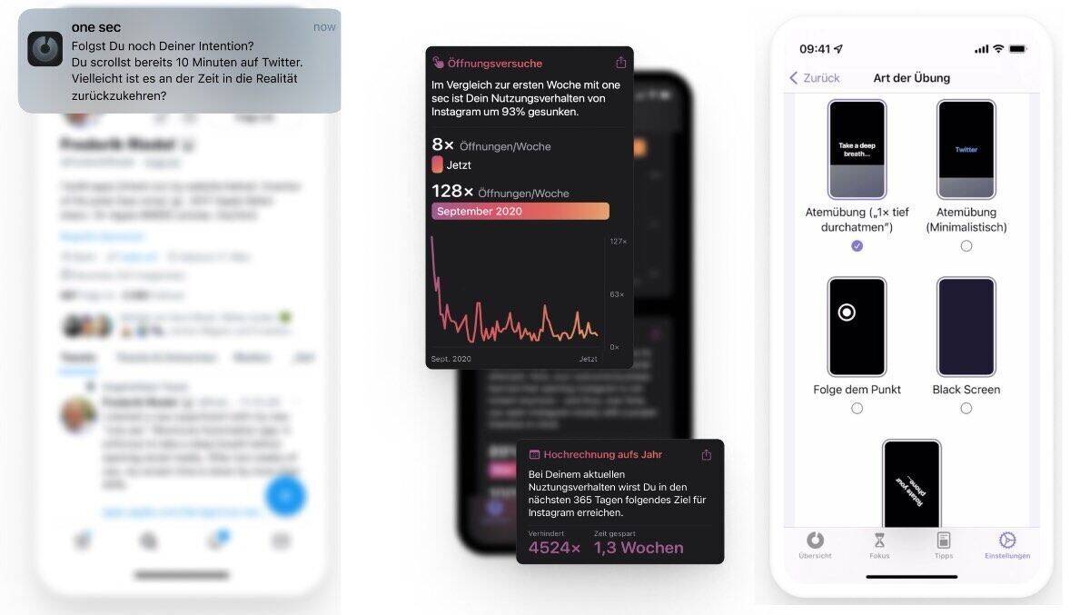 Nette Ermahnungen per Push, viele Statistiken und auch Atemübungen – so funktioniert "one sec".