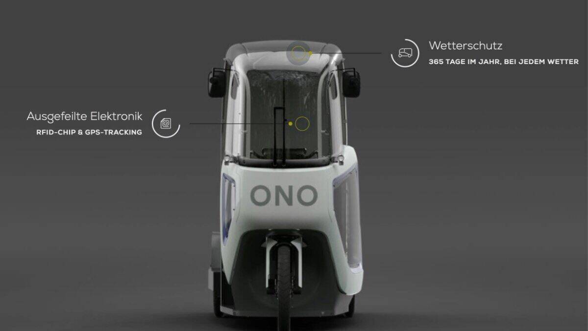 Das Ono-E-Cargobike von vorn: mit GPS-Tracking und Wetterschutz.