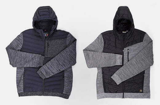 Plagiarius Auszeichnung: Hybrid Kapuzenstrickjacke „e.s.motion ten". Links das Original von Engelbert Strauss, rechts die Fälschung von Aldi Süd.