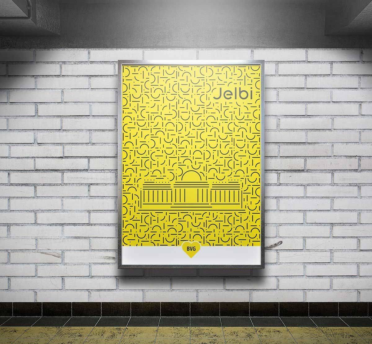 Poster machen die BVG-Marke Jelbi in Berlin bekannt.