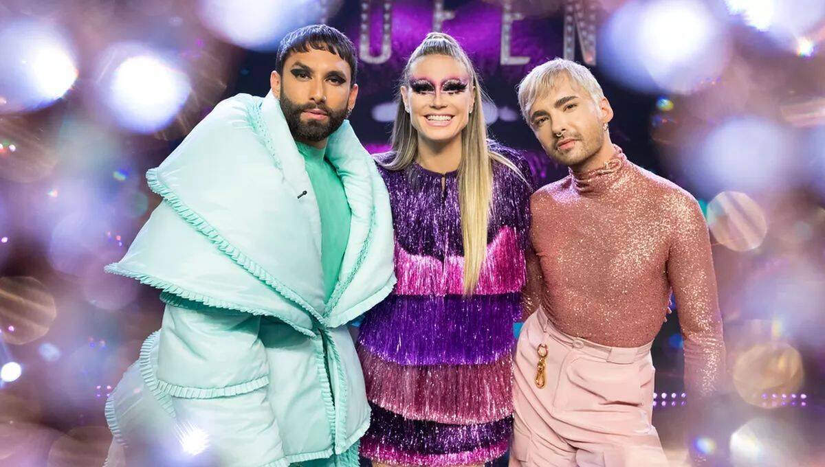 Queen of Drags mit dem Moderationsteam Conchita Wurst, Heidi Klum und Bill Kaulitz