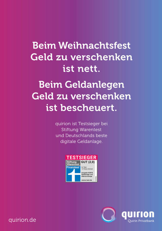 Die Quirin-Kampagne thematisiert den Testsieg von Quirion bei der Stiftung Warentest als Deutschlands beste digitale Geldanlage.