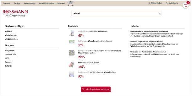 Sinnvolle Suchvorschläge mit passenden Marken, Ratgeberinhalten und Produkten mit Preisangabe.