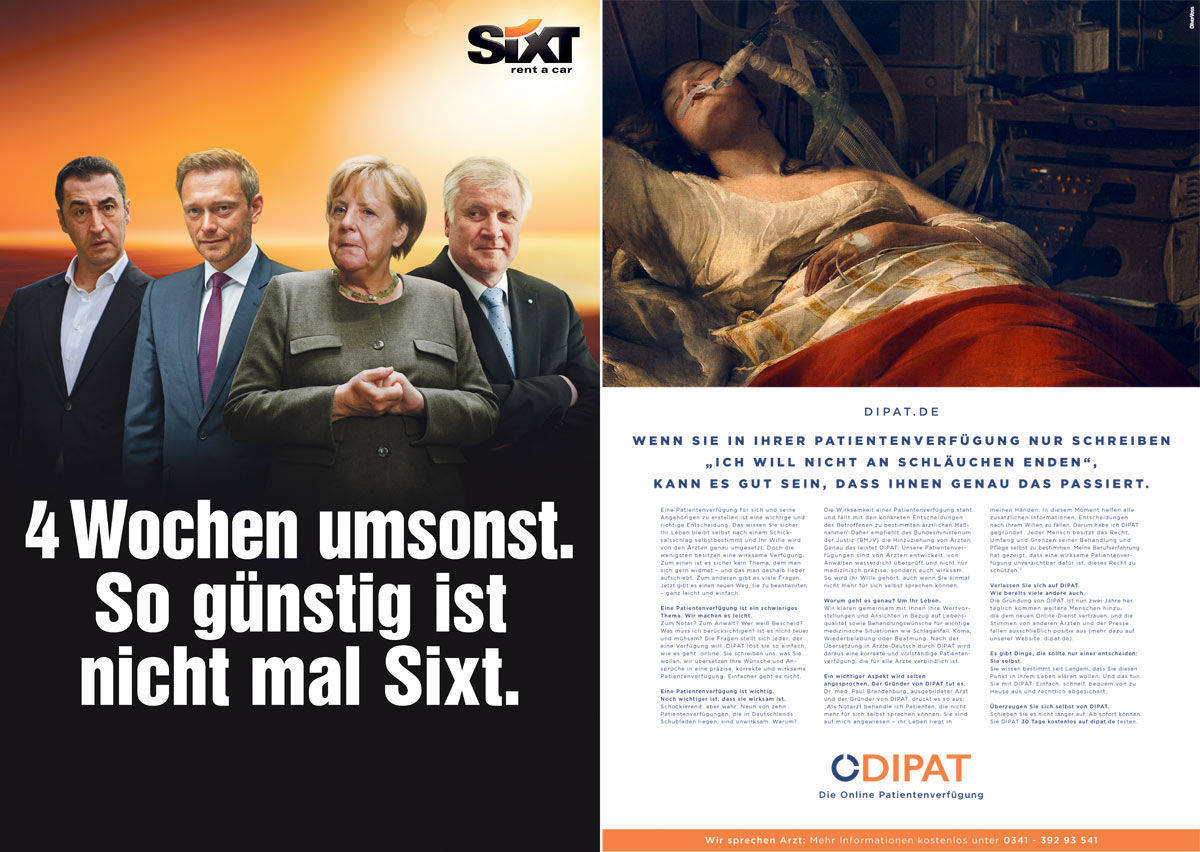 Sixt verspottet Sondierer (l.), Dipat macht kunstvoll klar, wie wichtig die Patientenverfügung ist.